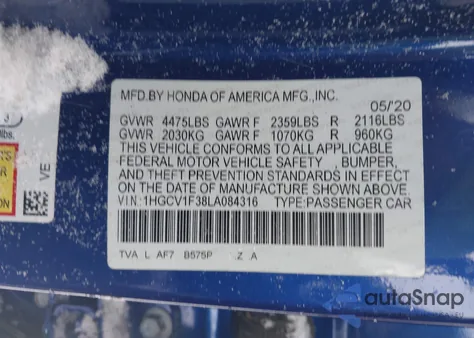 2020 Honda Accord Sport из США, поврежденный, VIN 1HGCV1F38LA084316